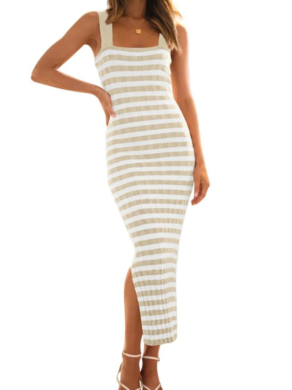 Womens Striped Ribbed Knit Bodycon Midi Dress Sleeveless